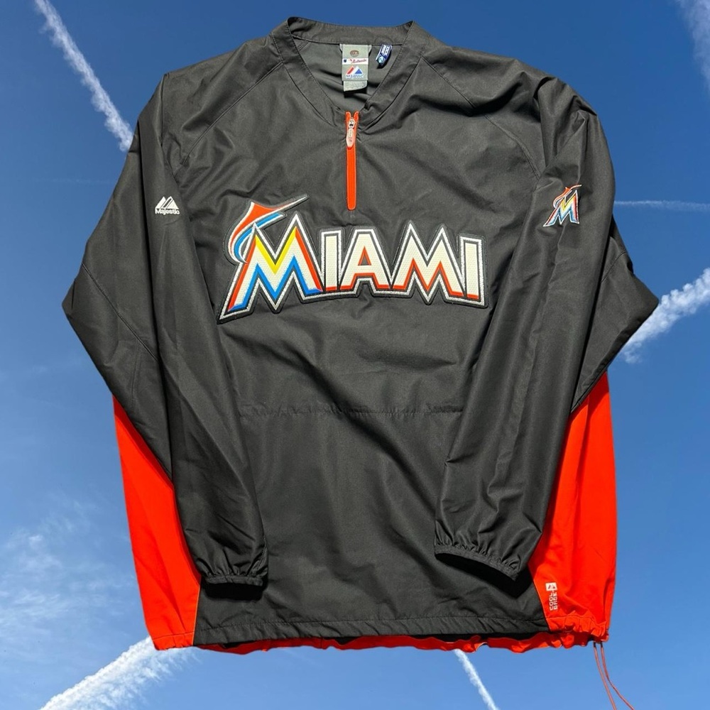 Miami Marlins MLB Majestic Mens Windbreaker Jacket Large Cool Base 1/4 Zip New